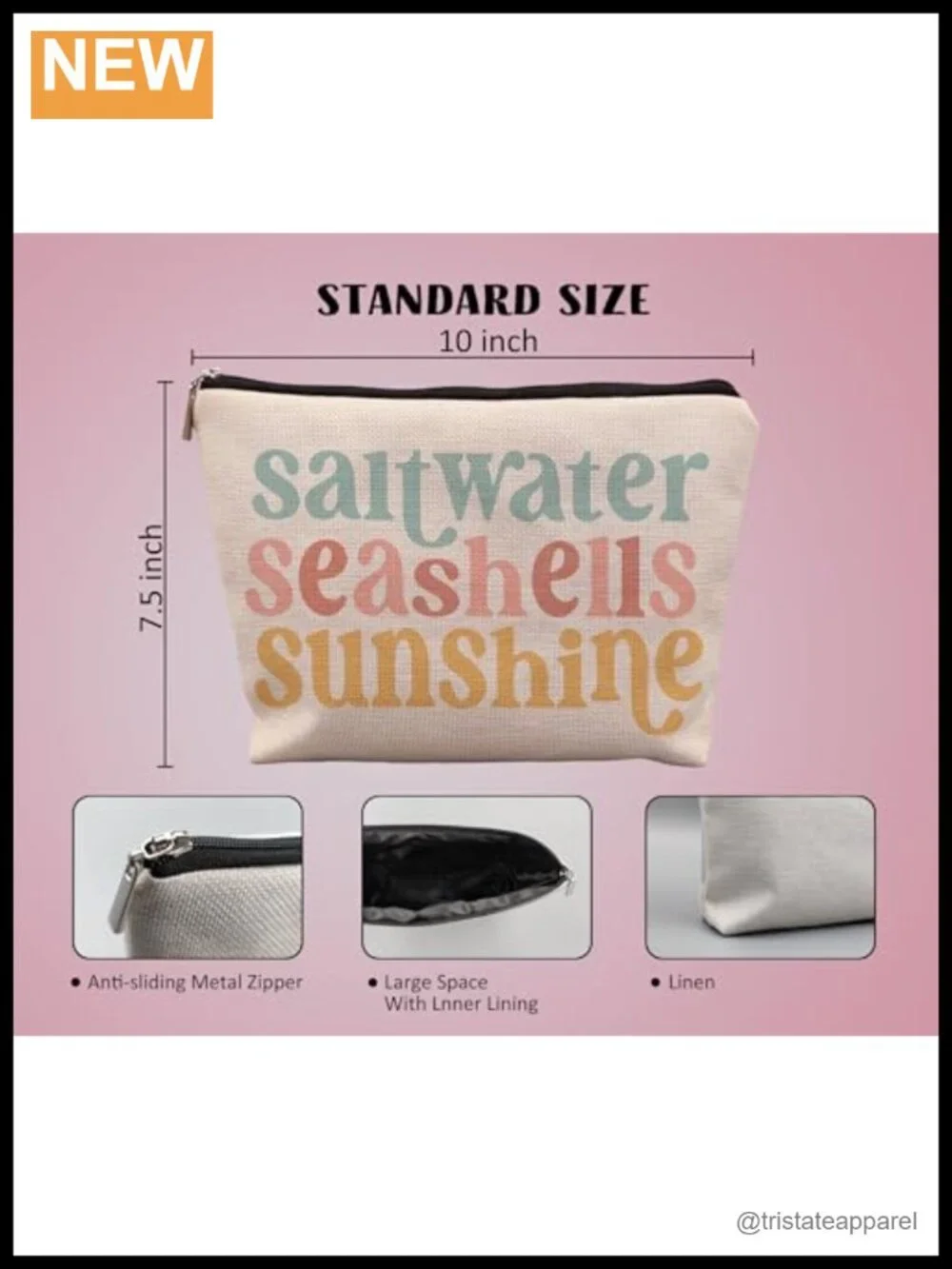Linen Cosmetic Bag with Seashells Print, Travel Makeup Pouch